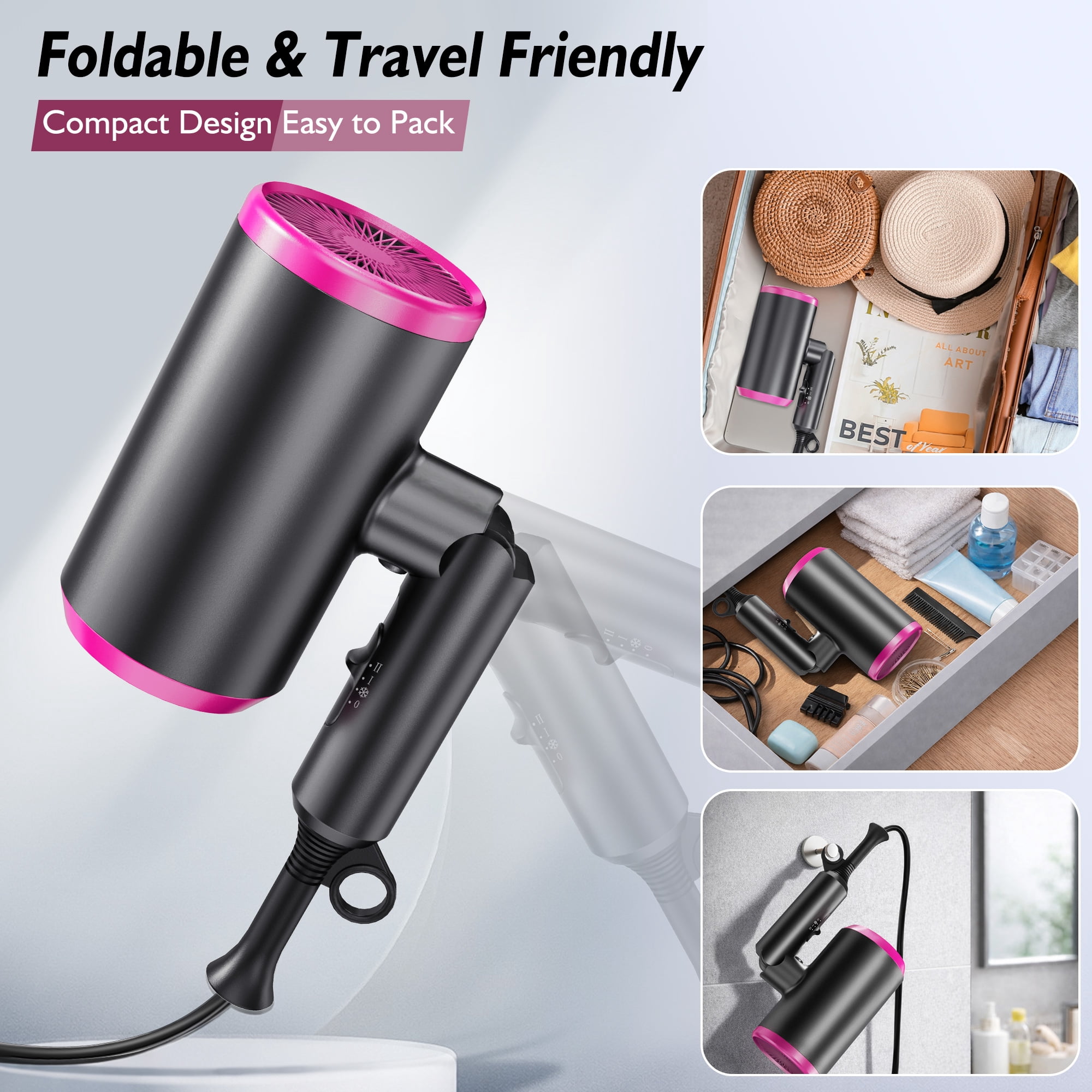 VIIWII 2000W Ionic Hair Dryer, Foldable Travel Blow Dryer with Diffuser & Concentrator, Fast Drying, Lightweight, Low Noise for All Hair Types