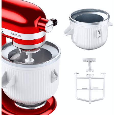 Ice Cream Maker Attachment for KitchenAid Stand Mixer, Ice Cream Bowl Compatible with 4.5Qt and Larger Stand Mixers, Ice Cream & Sorbet Gelato Maker Attachment, 2 Quart, White, With lid