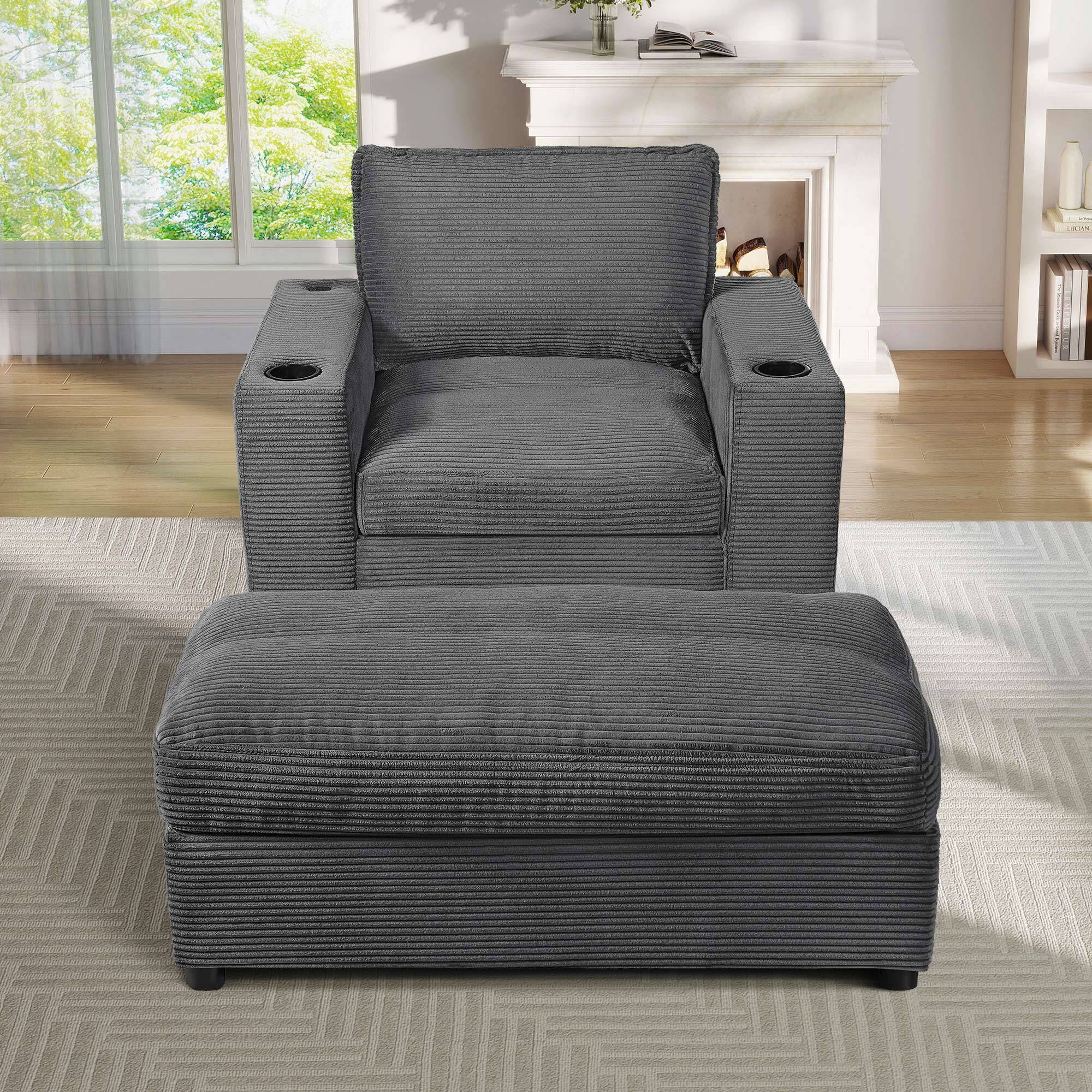 Lunale 42.8" Accent Chair with Ottoman, Indoor Chaise Lounge Chair with USB & Storage, Plush Reading Sofa Armchair for Living Room, Bedroom, Apt, Gray Corduroy