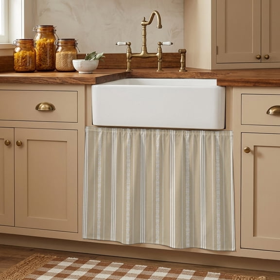 Boho Beige Small Cabinet Curtains 11"W x 13"L, Minimalist Farmhouse Striped Sink Skirt Dust-Proof Short Curtain for Bathroom Vanity Storage Cubby Desk, Self Adhesive Privacy Drapes