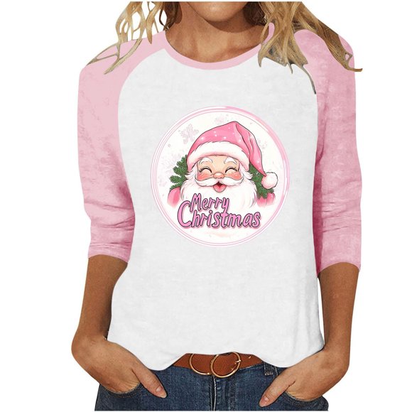 LckLvx Christmas Shirts for Women Crewneck 3/4 Sleeve Raglan Pullover Tops Cute Graphic Casual T-Shirts