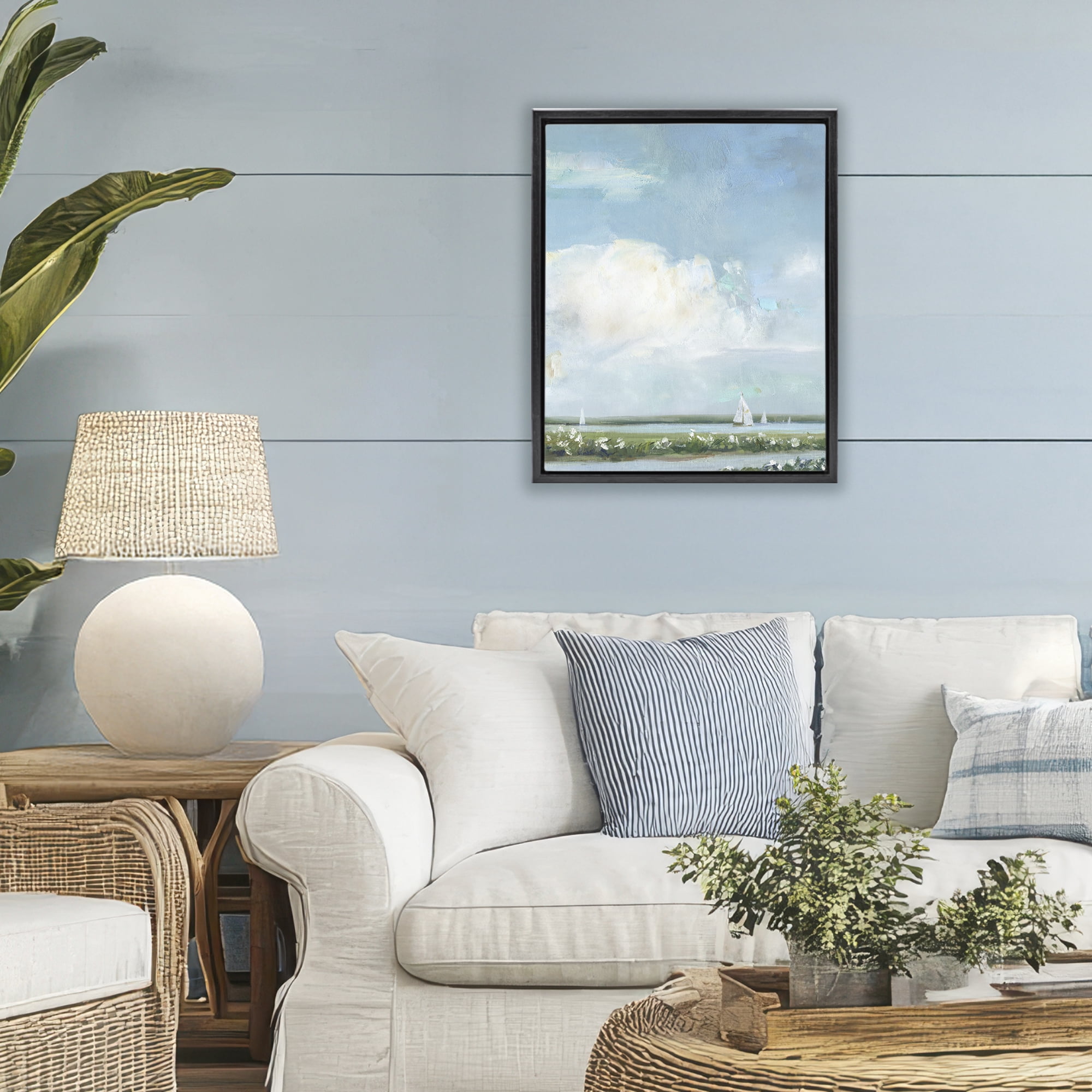 Stupell Industries Seaside Sailing Along Meadow Black Framed Floater Canvas Wall Art, design by Sally Swatland