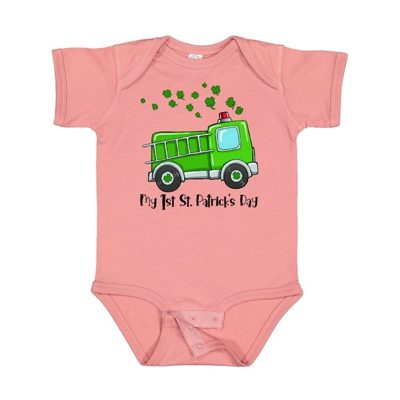 Inktastic My 1st St. Patrick's Day Green Fire Truck with Clovers Boys or Girls Baby Bodysuit