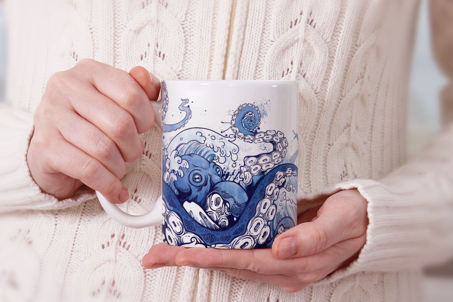 Creature Cups 11 oz. Blue/White Octopus Coffee/Tea Mug 3D Ceramic