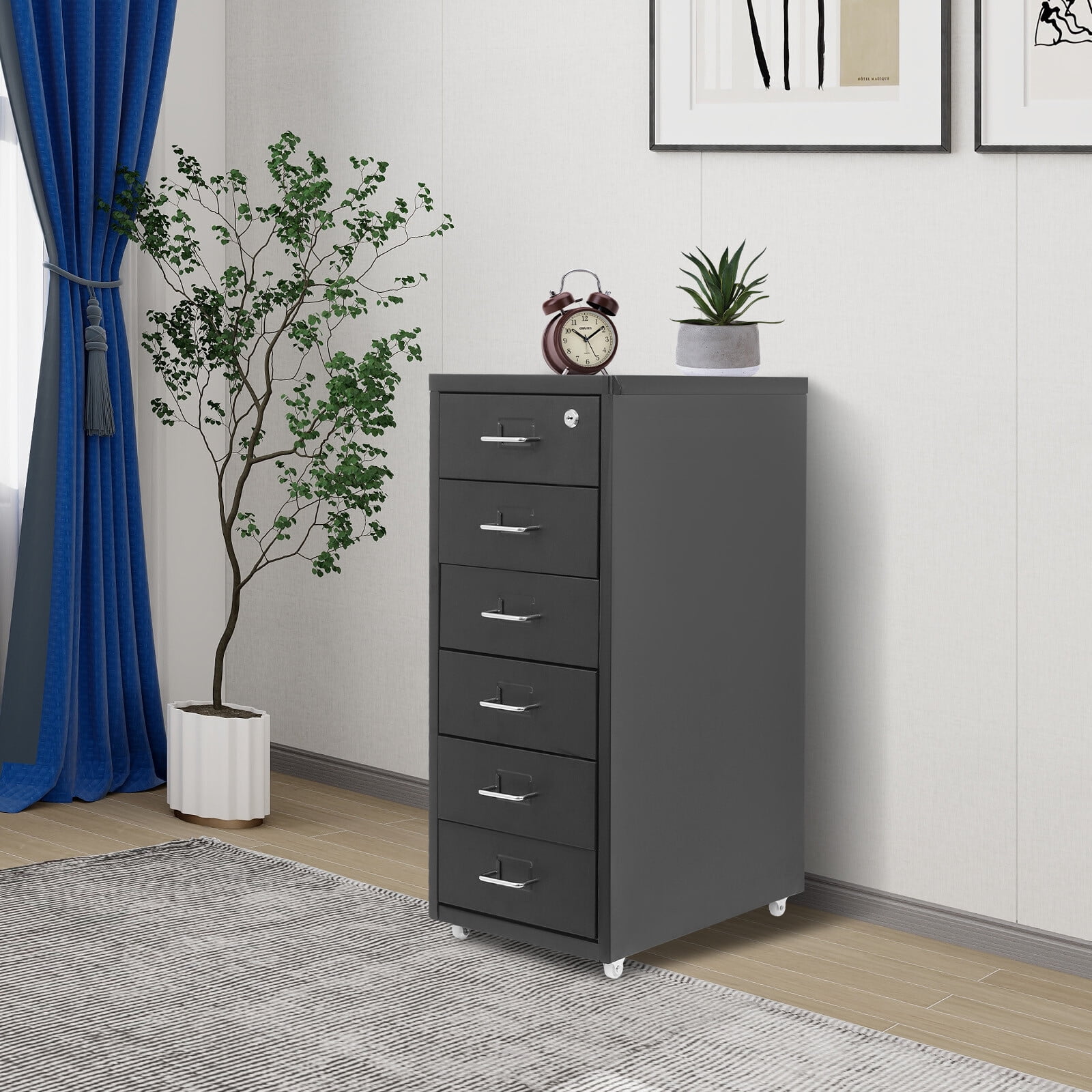 6 Drawers File Cabinet with Lock Rolling Mobile Filing Cabinet with Wheels Under Desk Vertical Filing Cabinet for Office/Home Metal Mobile Storage File Organizer for Home Office, 11*16*27in