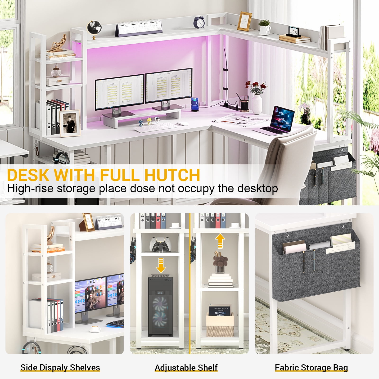 Homieasy L Shaped Desk with Power Outlet and LED lights, Ergonomic L-Shaped Gaming Desk with Monitor Stand, Reversible Corner Computer Desk with Hutch and Storage Shelf for Home Office, White
