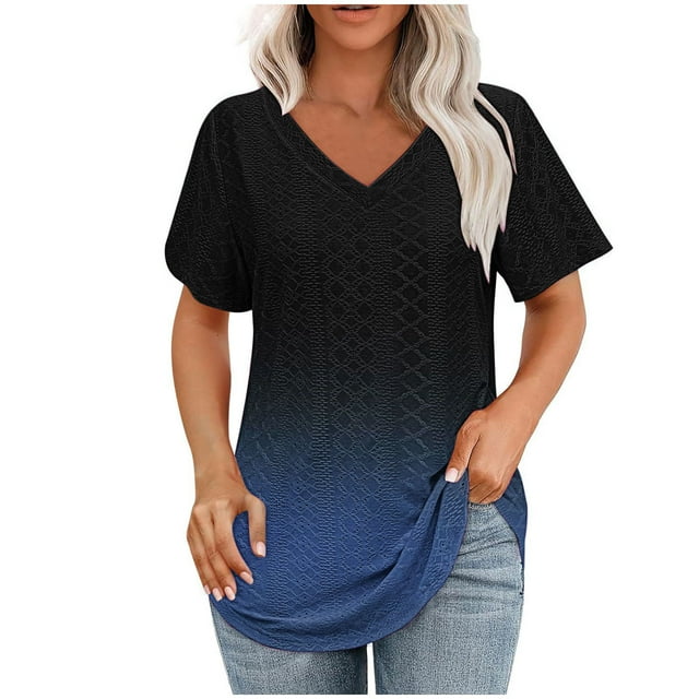 Olyvenn Chemises Fluides pour Femmes Chemise à Manches Courtes Tunique à Col en V Plissée devant Blouse Coupe Ample T-Shirt Chic Décontracté Bleu TTG
