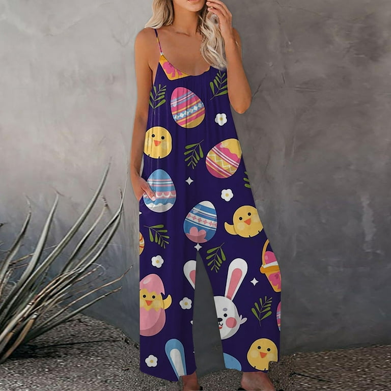 UoCefik Easter Jumpsuits for Women Dressy Wedding Sleeveless Easter Bunny  Eggs Print Rompers Summer Wide Leg Jumpsuit Casual One Piece Loose Bib  Overalls Spring Long Pants Dark Purple S 