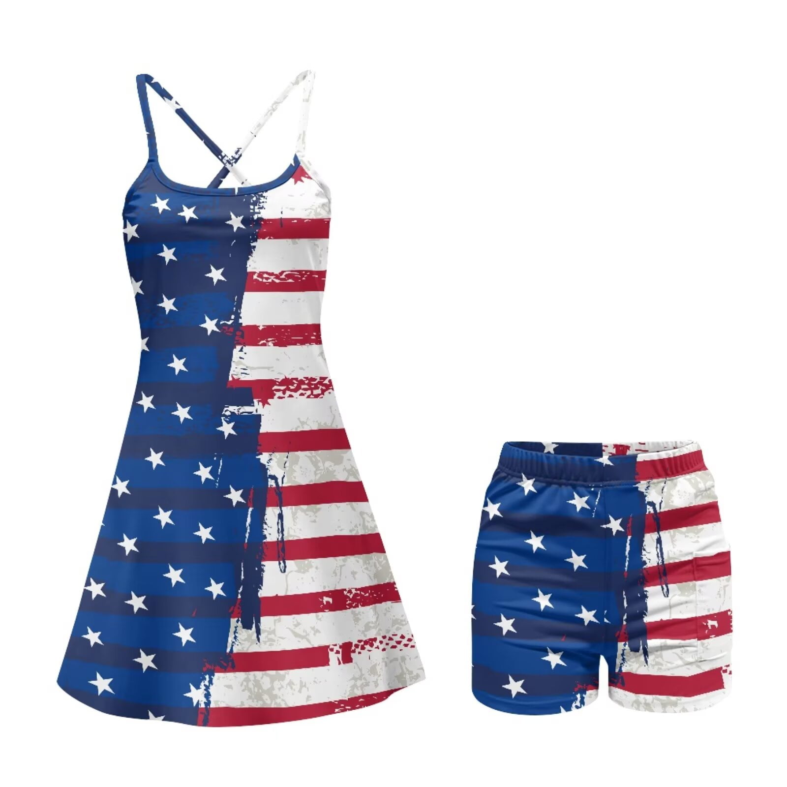 Psesaysky Athletic Dress for Women Patriot Mini Square Neck Sleeveless Built in Shorts with Pockets Tennis Golf Dresses Summer Clothing Blue Red USA Flag Print, Size L