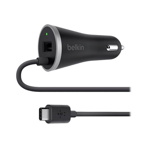 Belkin Car Charger USB-C) (USB with Hardwired USB-C Cable and USB-A Port - Adaptateur d'Alimentation de Voiture - 15 Watts - 2 Connecteurs de Sortie 24 Broches - Noir Élégant