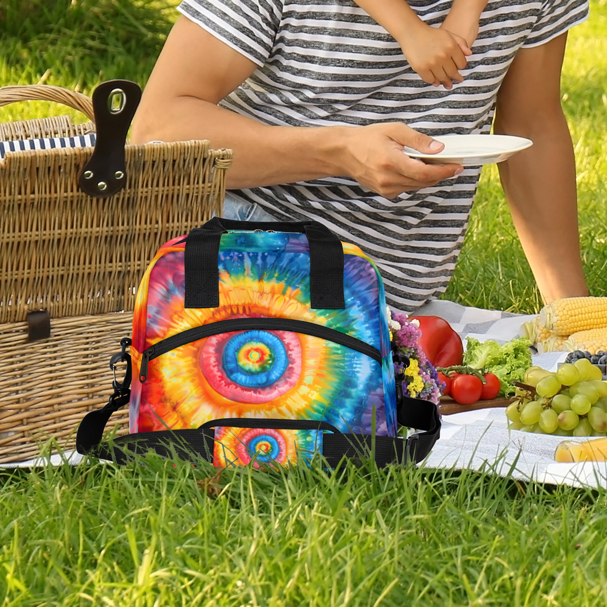 Herdesigns Tie Dye Colorful Rainbow Retro Insulated Lunch Bag for Women Men Adults Large Reusable Lunch Box Leakproof Portable Cooler Tote Bags with Adjustable Shoulder Strap