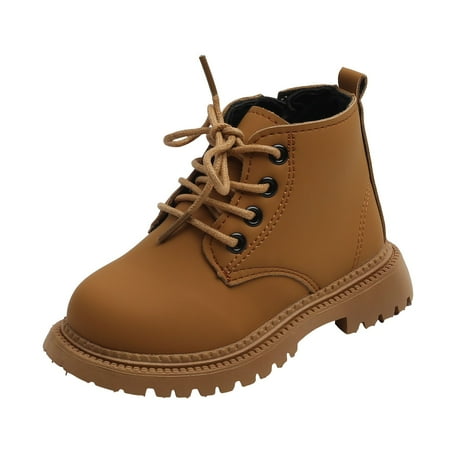 Quealent Back To School Boots for Boys Girls Winter Waterproof Side Zipper Lace-up Walking Shoes for Toddlers Little Kid (Yellow 23)