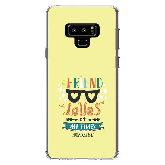 DistinctInk Clear Shockproof Hybrid Case for Samsung Galaxy Note 9 - TPU Bumper, Acrylic Back, Tempered Glass Screen Protector - Proverbs 17:17 - A Friend Loves at All Times