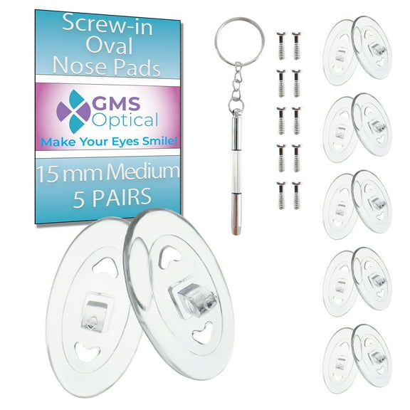 GMS Optical 15mm Medium Length / 8.5mm Width / 2.5mm Thick – Oval Screw-In Soft Silicone Nose Pads for Glasses, Eyeglasses & Sunglasses with Screws & Screwdriver (5 Pair, Clear)