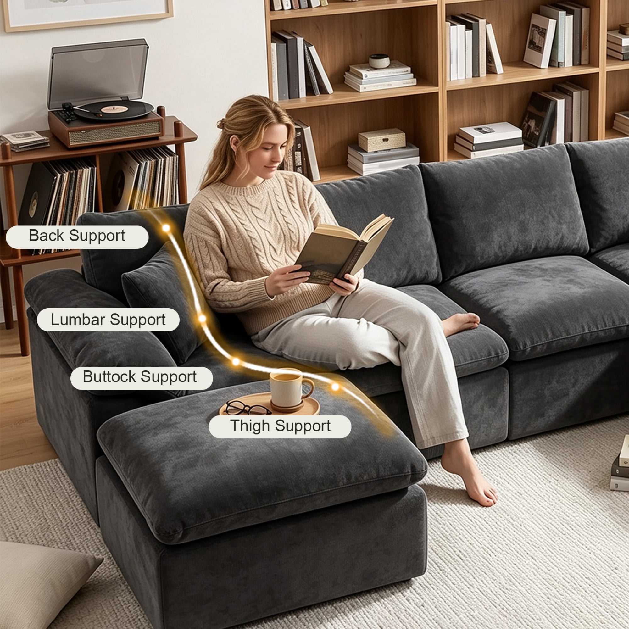 HOQBN Modular Sectional Sofa, L Shape Cloud Couch with 2 Movable Ottoman, Comfy Chenille Deep Seat Sofa with Soft Pillows for Living Room Apartment (Black)