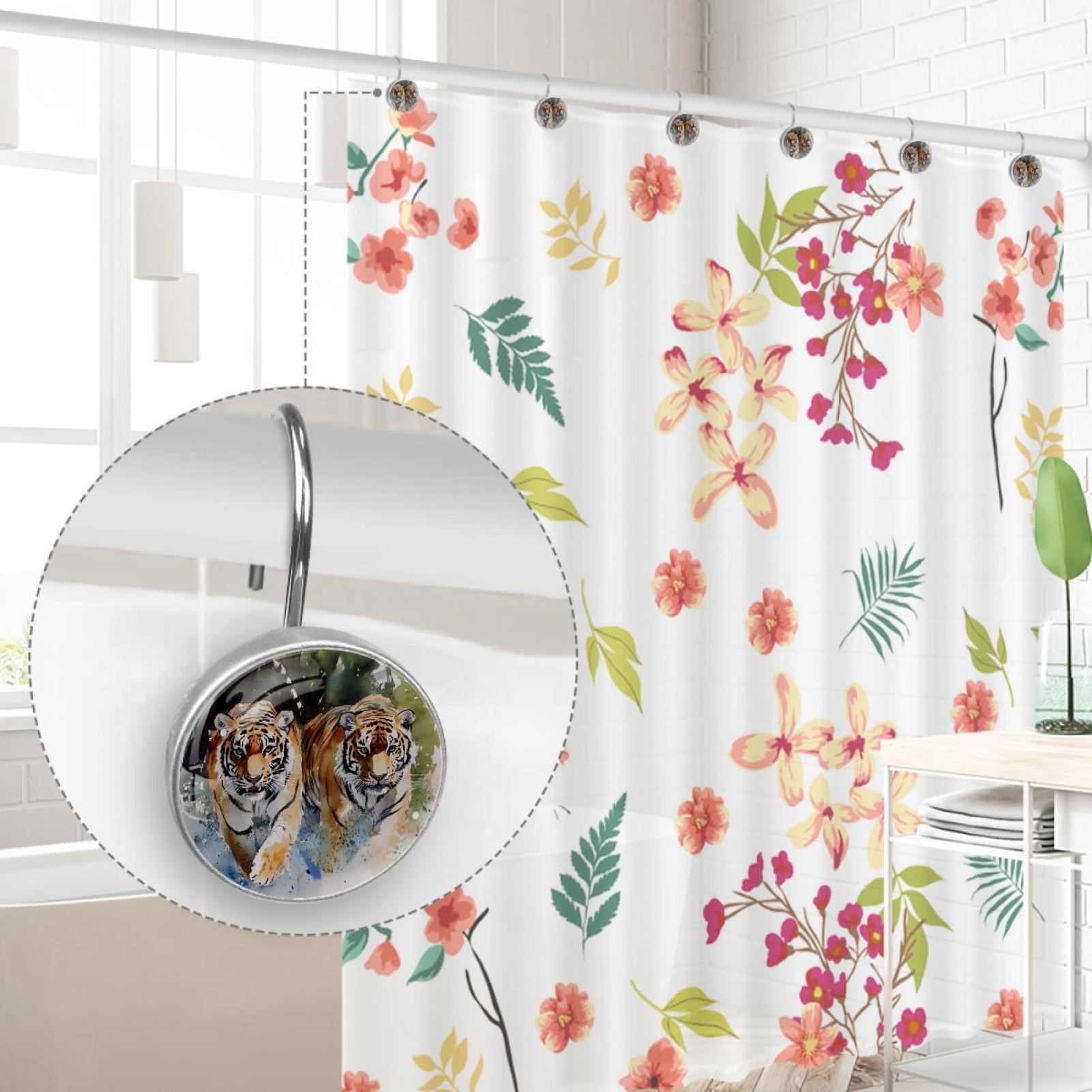 Watercolor Walking Tigers Shower Curtain Hooks Round Crystal Glass, Set of 12 Shower Curtain Rings - Shower Hooks for Curtain Shower Rings
