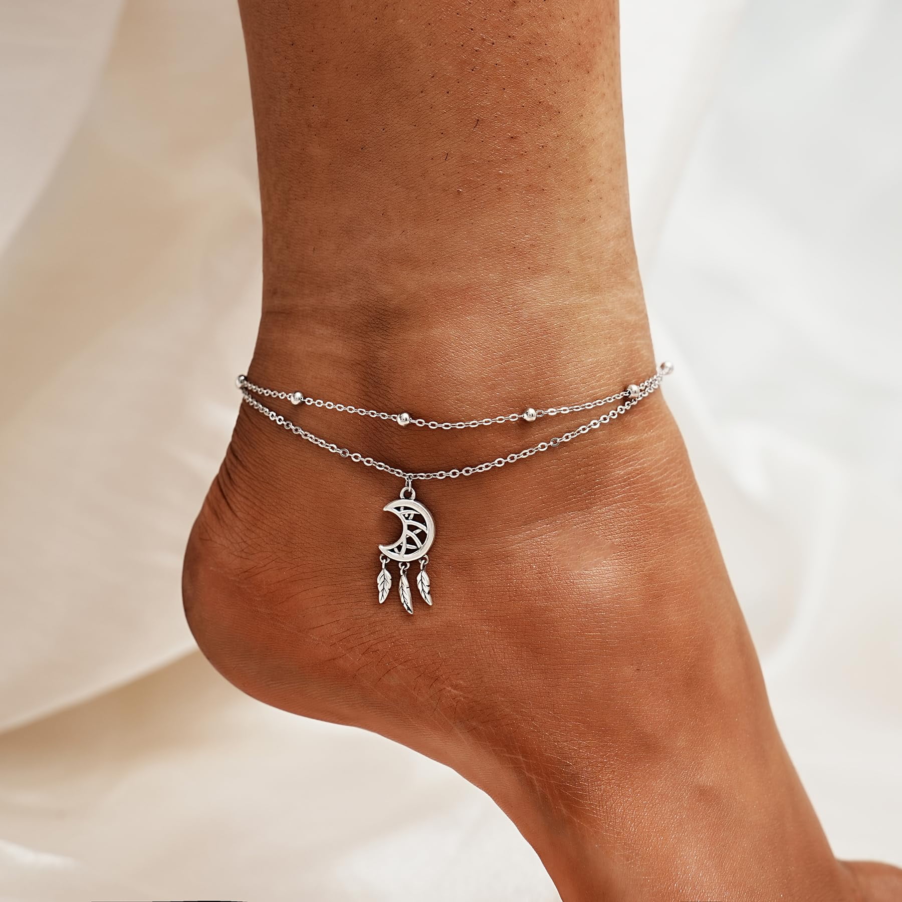 CHIC & ARTSY 925 Sterling Silver Dream Catcher Anklets Dainty Moon Layered Anklet Bracelets Boho Beach Adjustable Anklets