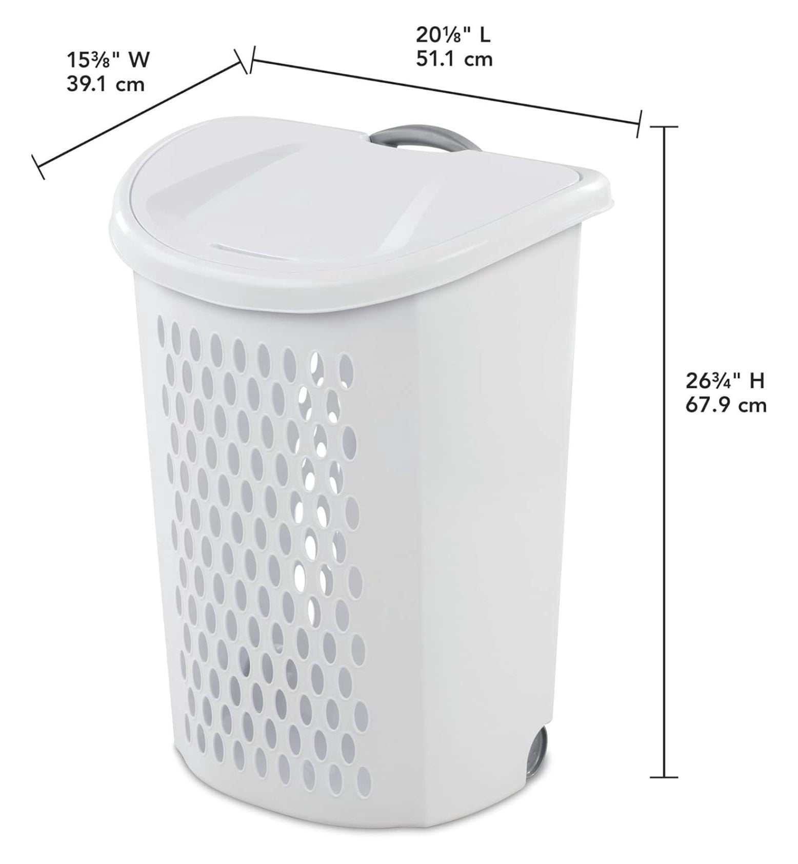 Ultra Wheeled Design Clothes Laundry Basket, Mind Reader Basket Collection，135 Liter （20 1/8" x 15 3/8" x 26 3/4"）Capacity, Laundry Hamper White Lid & Base w/Plastic Handle & Wheels