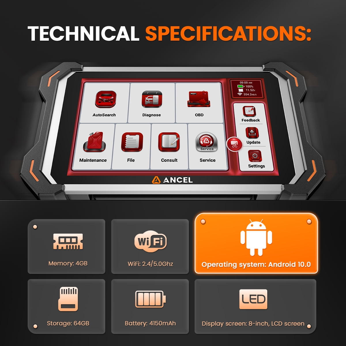ANCEL DS600BT 8 inch OBD2 Scanner Bidirectional Scan Tool, All System with 34+ Reset Car Diagnostic Tool, CAN FD/DOIP, ECU Cod-ing