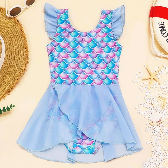 Girls Cute One Piece Swim Suit Ruffle Sleeve Mermaid Bathing Suits Tulle Dress Swimwear Summer Beach Swim Costume