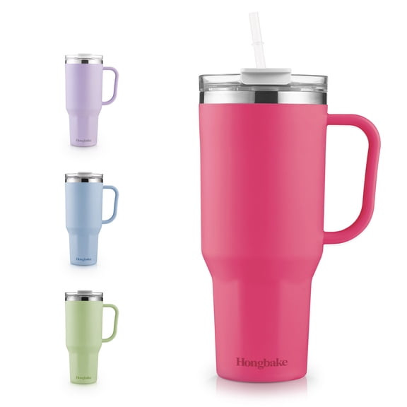 HONGBAKE 40oz Stainless Steel Tumbler with Handle & Straw Lid, Vacuum Insulated Tumbler, Blush Pink