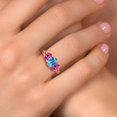 thumbnail image 4 of Gem Stone King 18K Rose Gold Plated Silver Swiss Blue Topaz and Pink Created Sapphire Filigree Style 3 Stone Ring for Women (2.30 Cttw, Oval 8X6MM and 6X4MM) (Size 8), 4 of 6