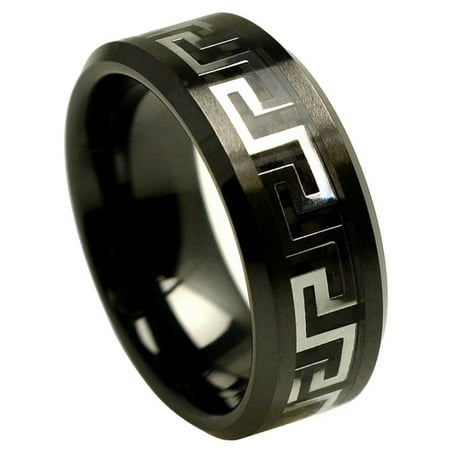 8mm Ceramic with Gun Metal Greek Key Over Black Carbon Fiber Inlay Wedding Band Ring For Men Or