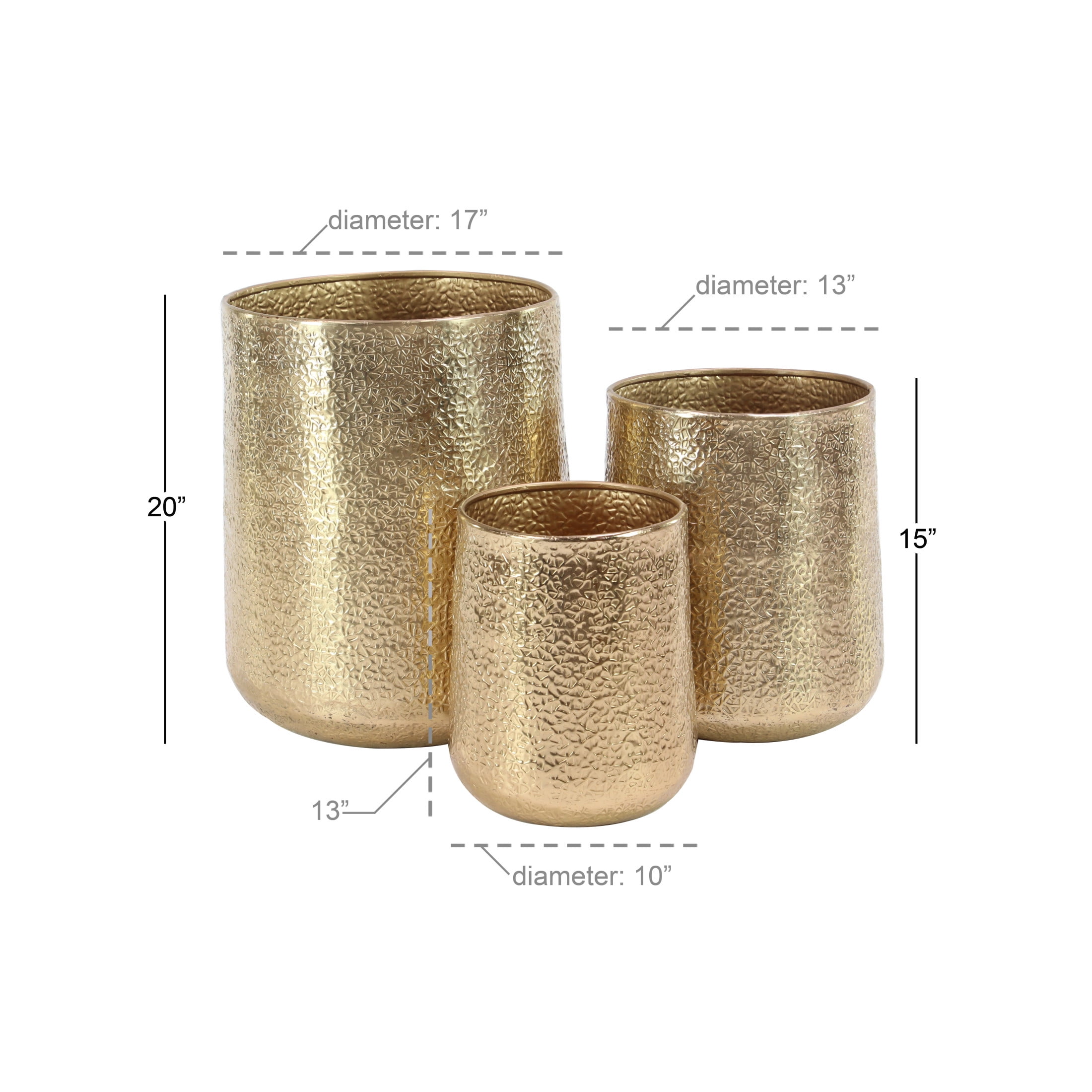 DecMode 20", 15", 13"H Gold Aluminum Metal Planter with Hammered Design (3 Count)