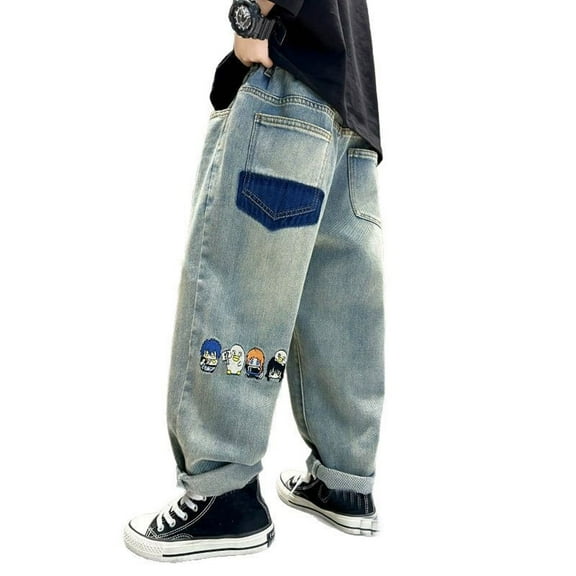XEGLSBU Boys Jeans Size 7 Boot Cut Boys' Baggy Jeans Straight Leg Jeans with Pockets Elastic Waist Distressed Ripped Denim Pants with Holes Blue Size 5-6 Years