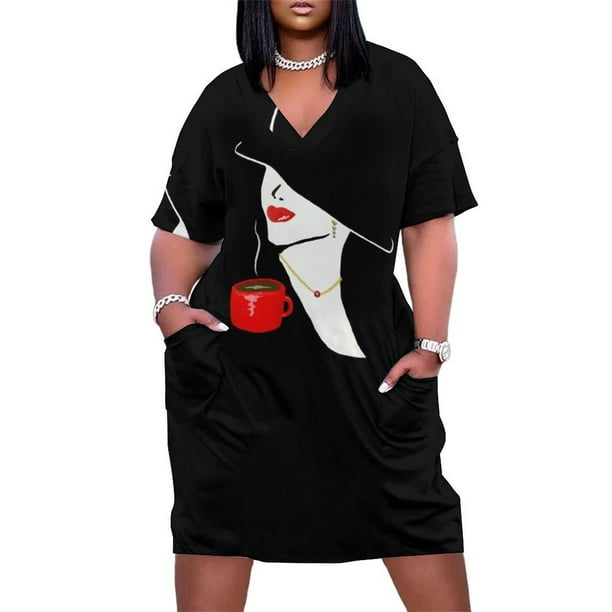 Cara de moda mujer con labios rojos sombrero elegante y café vestido suelto con bolsillo vestido de mujer vestido de hadas de verano