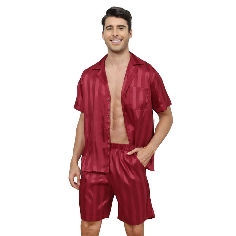 Mens Short Sleeve Satin Pajama Sets Mens Striped Silk Pajama Sets Silk Button Down Pajamas for Men 2 Piece Mens Summer Sleepwear Sets with Pockets S XXL Walmart