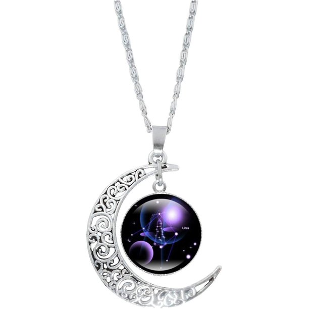 Collar de luna de 12 constelaciones Collar de astrología Collar con colgante de cuentas de vidrio de galaxia y luna creciente, collar de joyería de plata de ley, joyería ideal