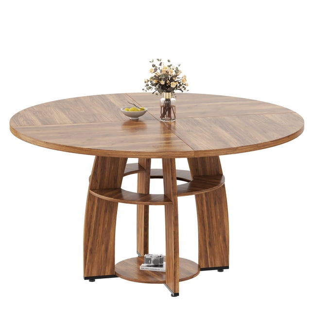 47" Round Wood Dining Table for 4-6,Sturdy Wood Kitchen Table with Storage Shelf & Adjustable Feet Space Saving, Easy-Clean Wood Dining Tables for Living Room