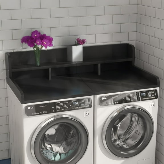 2-Tier Washer Dryer Countertop, Laundry Wood Shelf Topper with Edge, Universal Fit, Suitable for Washer and Dryer Laundry Hamper Counter Storage (Black)