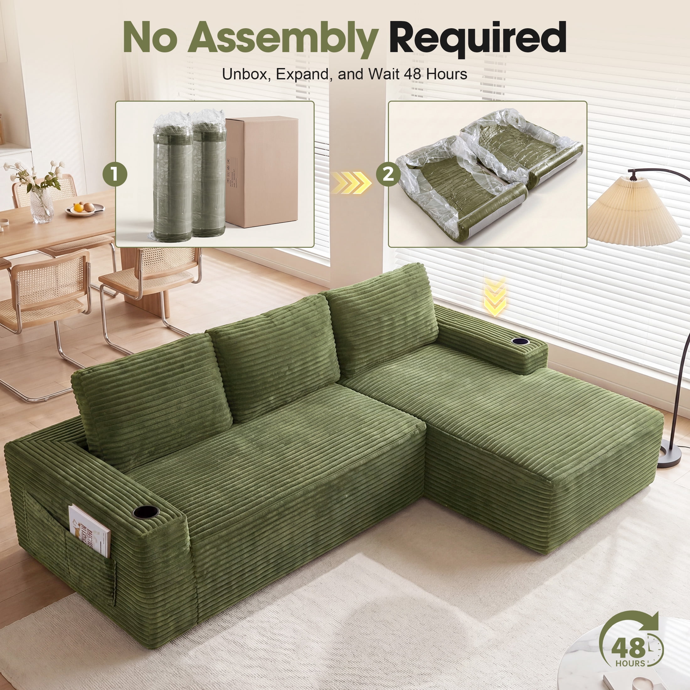 Aenkyo 104 Inch Corduroy L-Shaped Cloud Sectional Sofa with Right Facing Chaise and Cup Holders, Green
