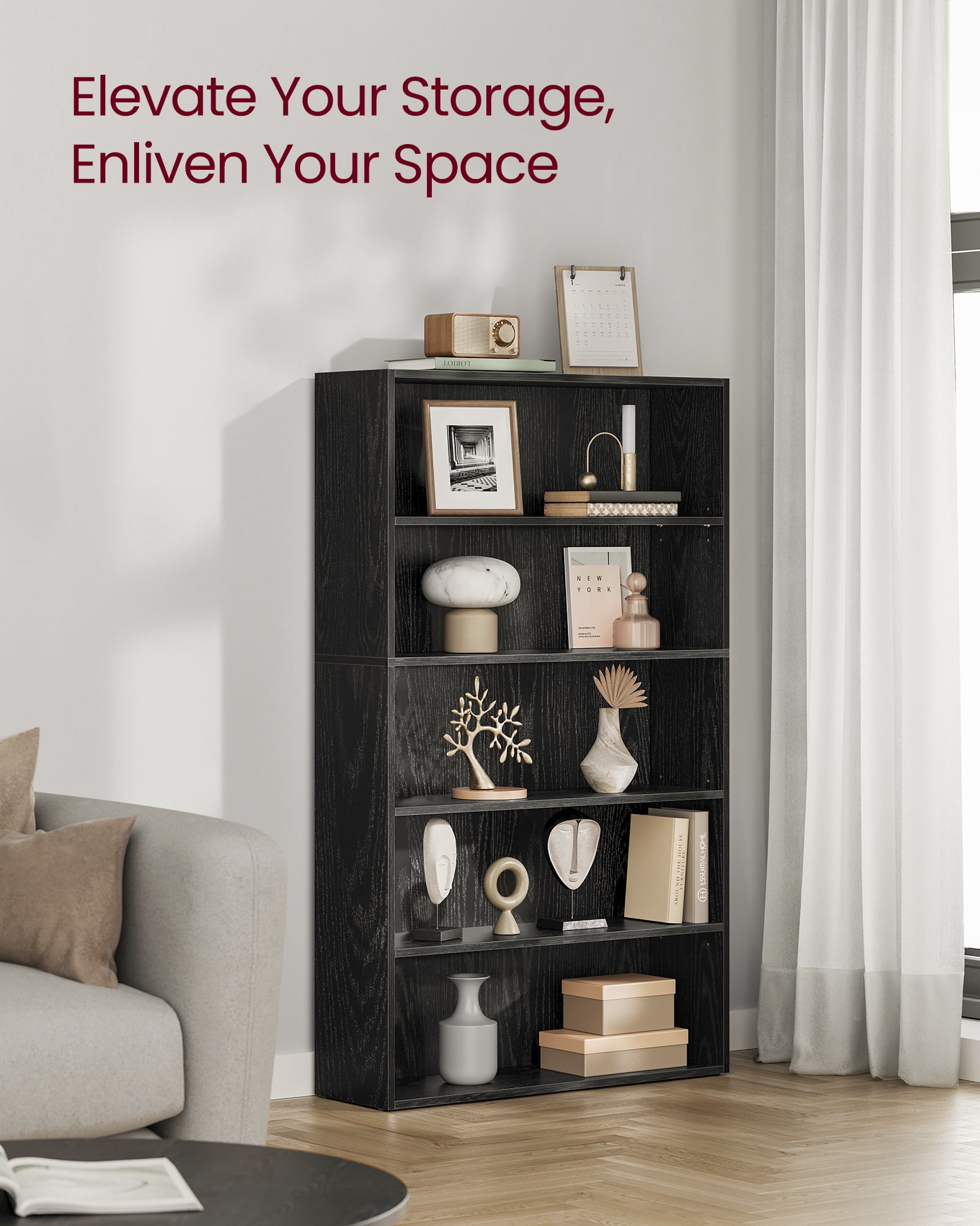 30 Inches Wide 5-Tier Open Bookshelf, Adjustable Storage Shelves, Floor Standing Bookcase, Ebony Black