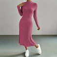 thumbnail image 4 of Guieoi Dress for Women Clearance under $10.00 Plus Size Women's Casual Round Neck Mid Length Dress Slim Solid Color Knitted Matte Stripe Long Sleeve Dress Pink Black*Friday/Cyber*Monday Clearance, 4 of 6