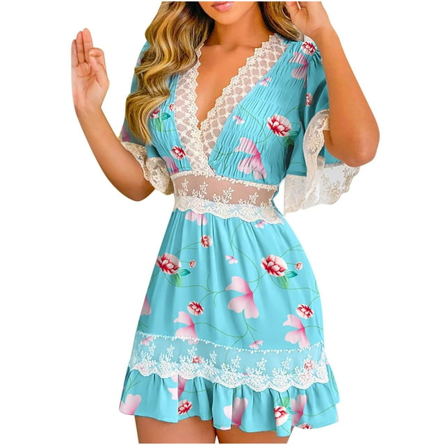 Women Fashion Ruffles Crochet Lace Patch Shirring Detail Floral Print Dress