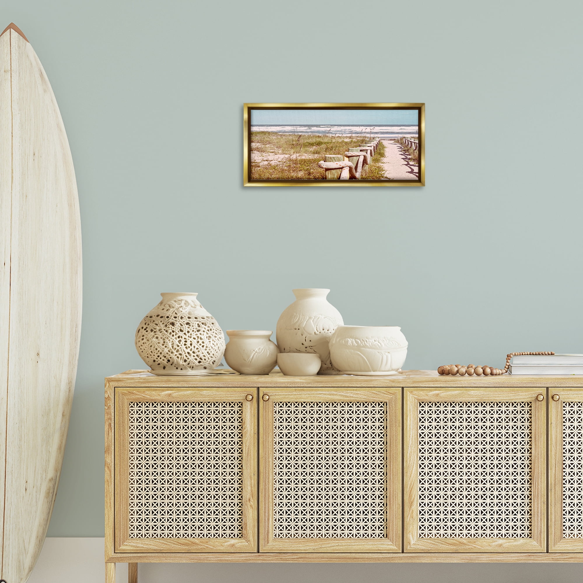 Stupell Industries Eastern Beach Walkway Landscape Photography Gold Floater Framed Canvas Art Print Wall Art, 25 x 11