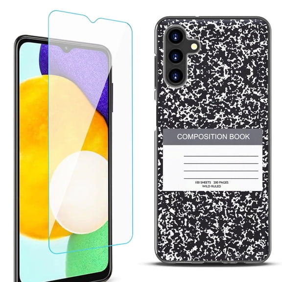 Slim-Fit Protective Fashion Phone Case (Black) for Samsung Galaxy A13 5G, with Tempered Glass Screen Protector, by OneToughShield ® - Composition Book