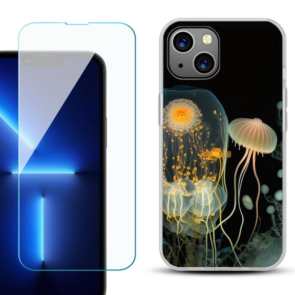 OneToughShield ® for iPhone 15 Plus Shockproof Phone Case, with Tempered Glass Screen Protector - Jellyfish