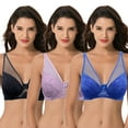 thumbnail image 1 of Curve Muse Women's Plus Size Minimizer Unlined Underwire Bra With Floral Lace-3PK-ROYAL,MAUVE,BLACK-44D, 1 of 7