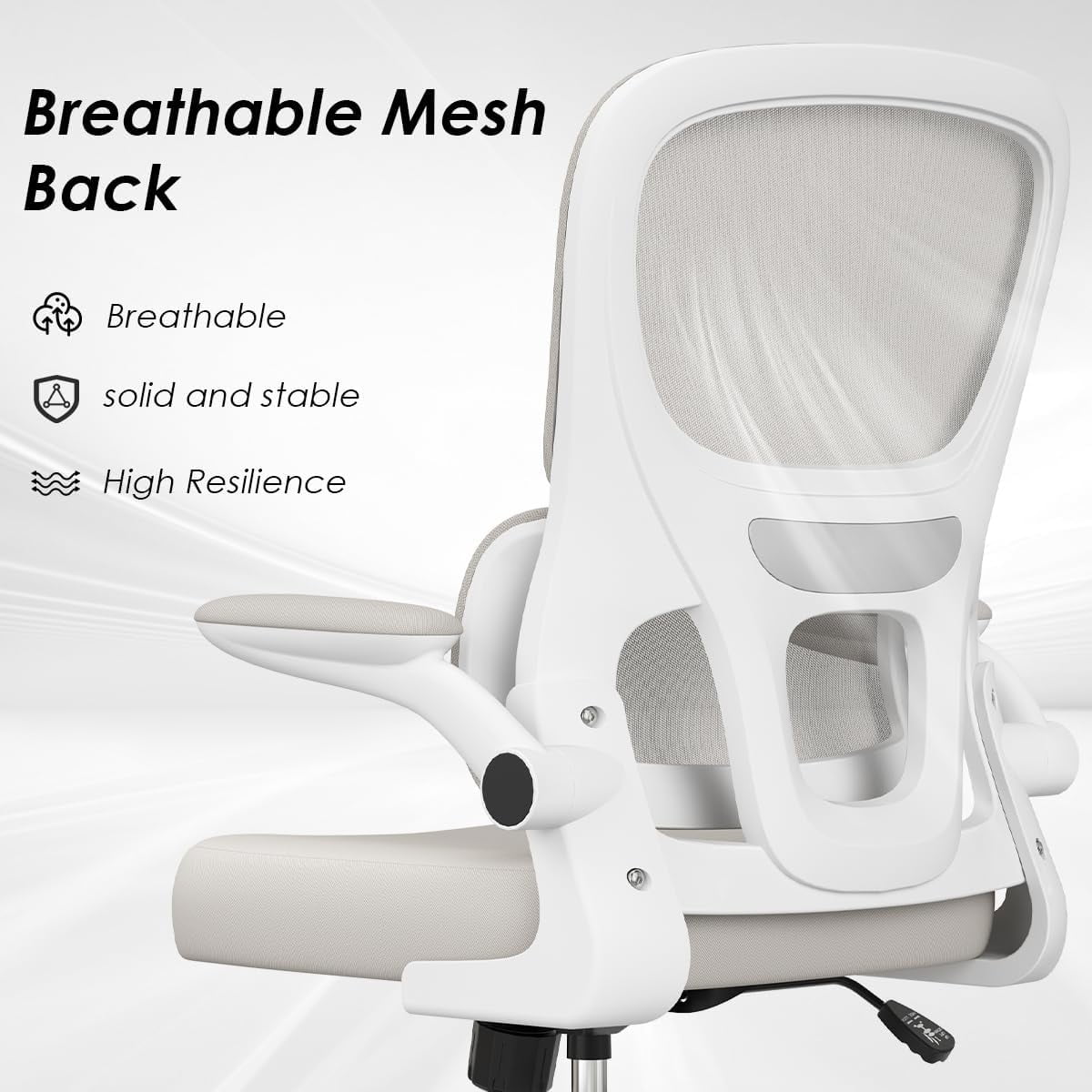 Farini Ergonomic Office Chair, Mesh Desk Chair with Lumbar Support, Comfy Computer Desk Chair with Flip Armrest Rolling Wheels for Home Study Room Office, White & Khaki