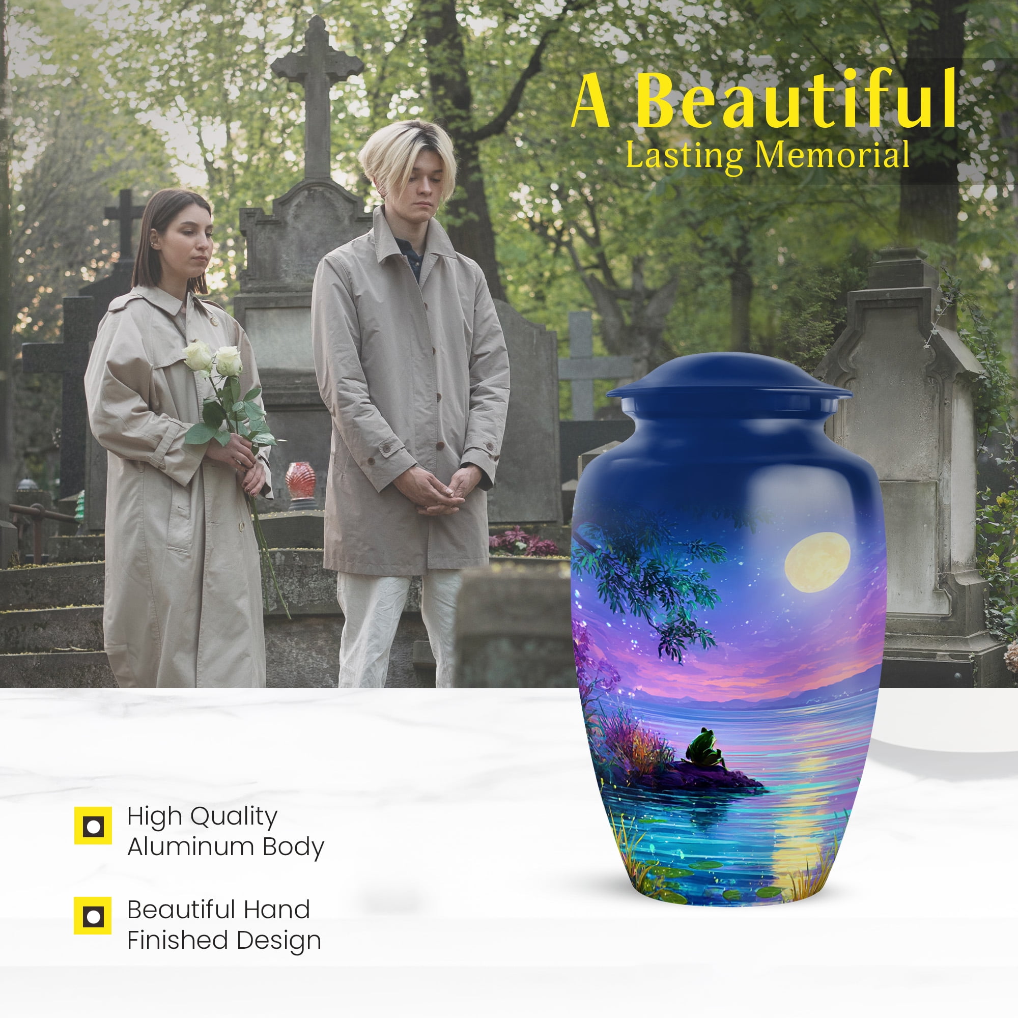 MUKTIVE Frog Cremation Urns for Adult Male, Blue Funeral Urn for Ashes for Women, Moon Burial Urn for Loss of Mom, Large Memorial Urns for Human Ashes, 10 Inch