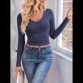 thumbnail image 4 of Camisas de Larga para Mujer, Moda Otoño 2025, Cuello en V, Blusas Básicas, Blusas Ajustadas Y2K. Azul L, 4 of 10