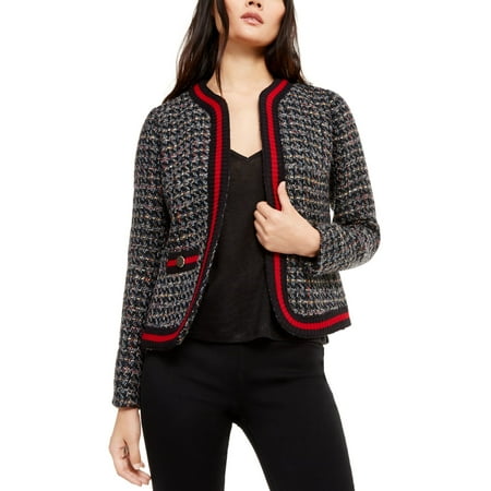 Anne Klein Women Sweater Tweed Collarless Stripe Cardigan Black 2