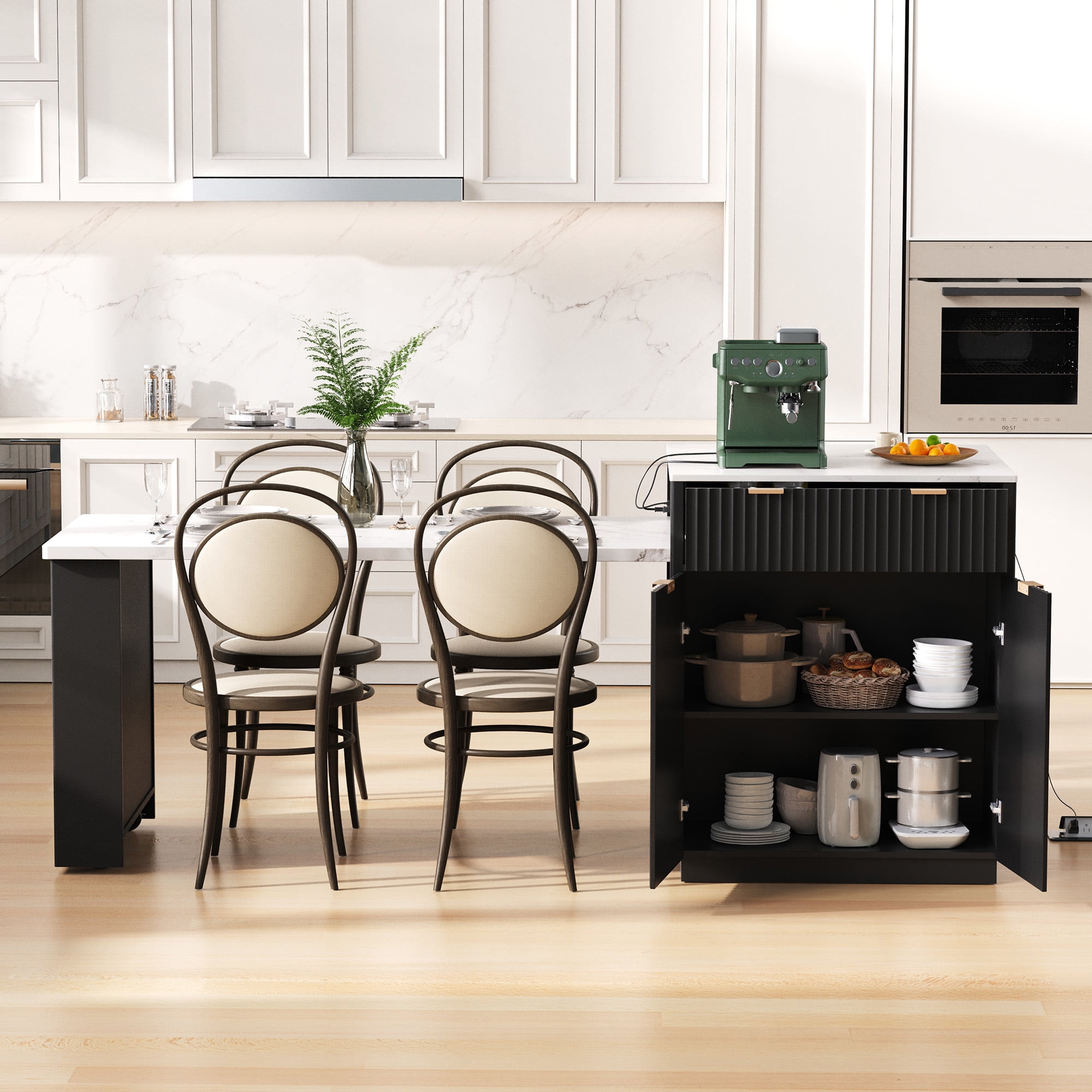 Harper & Bright Designs Fluted Kitchen Island with Extendable Dining Table for 4-6, Island Table for Kitchen with Power Outlet, Kitchen Table with Double-Side Storage and 2 Side Open Shelves, Black