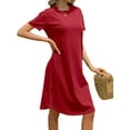 thumbnail image 2 of Women's Summer Round Neck Short Sleeve Solid Basic T-Shirt Casual Midi Dress with Pockets, 2 of 5