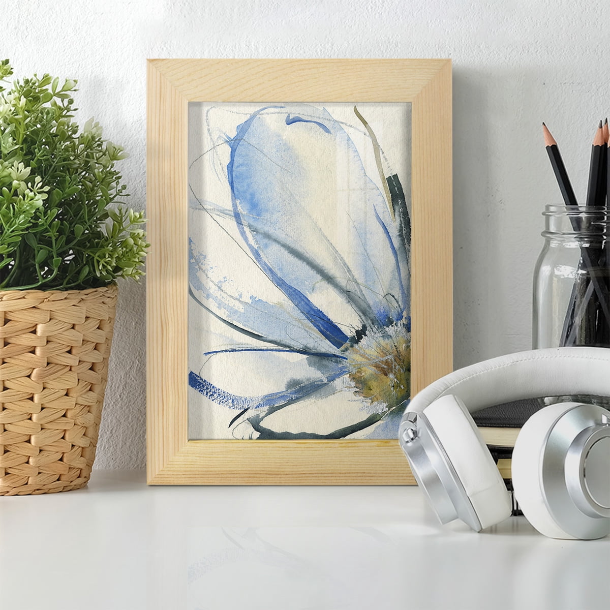 Cobalt & Paynes Petals I - Framed Print w/glass - Natural Wood
