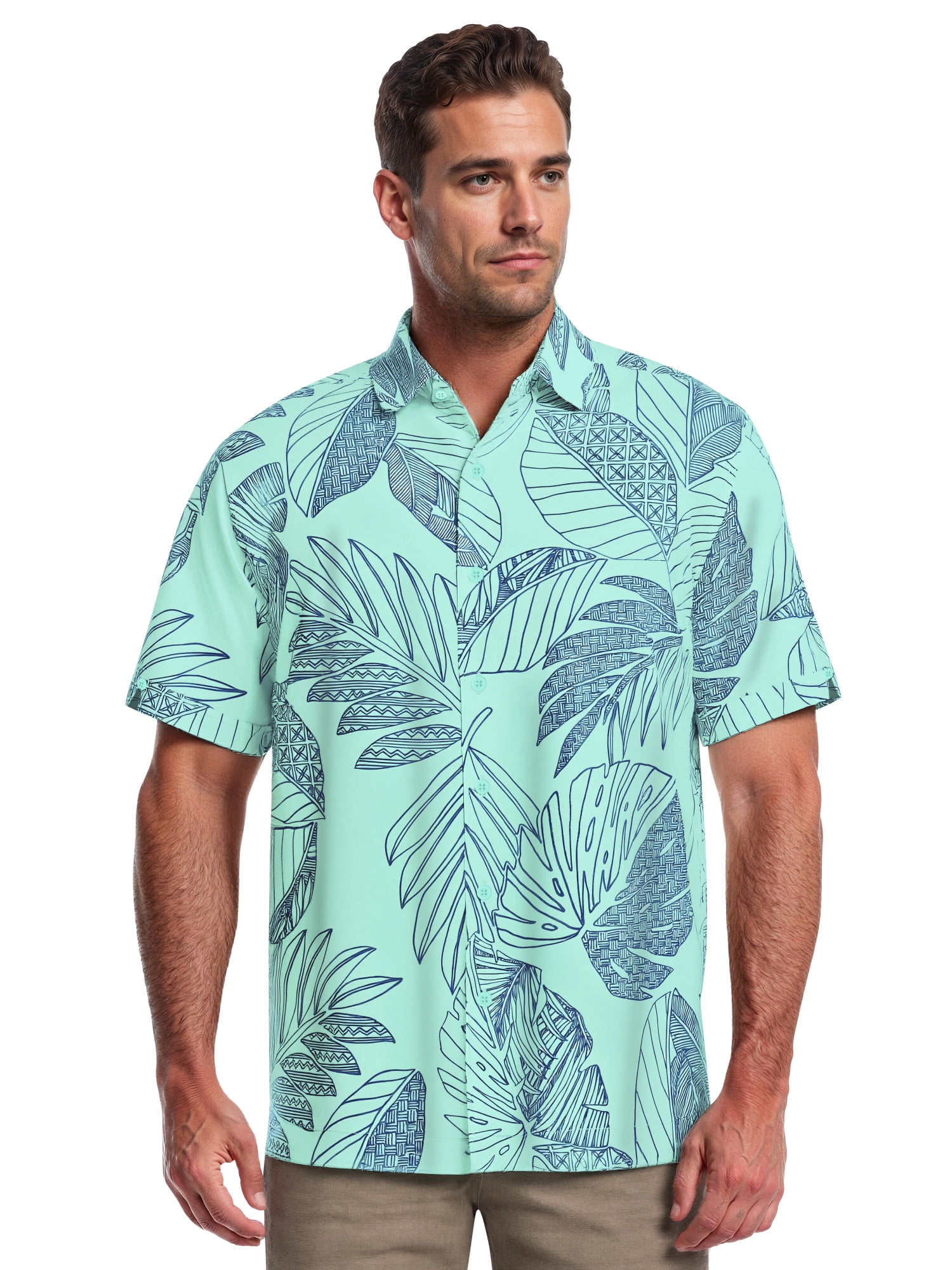 Café Luna Men's and Big Men's Botanical Leaves Print Short Sleeve Woven Shirt, Sizes S-4X